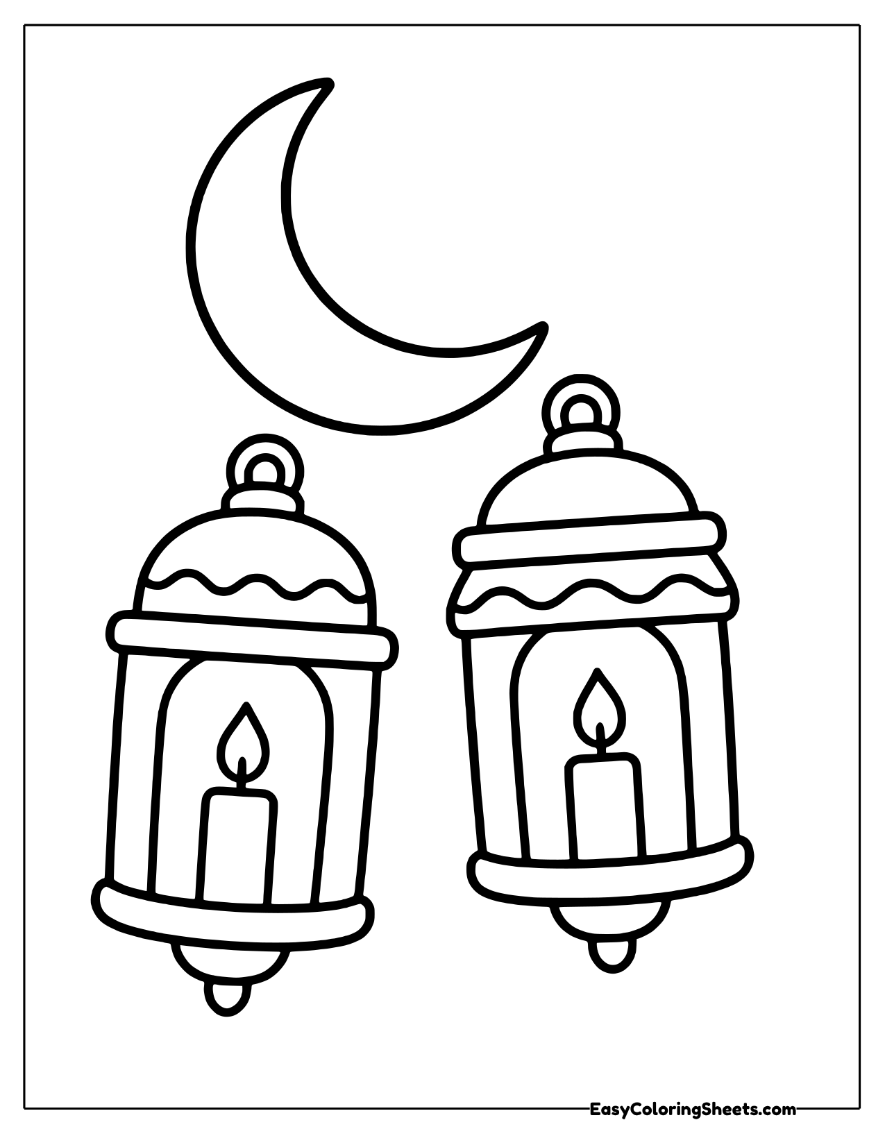 Two candle lanterns hanging side by side under a crescent moon