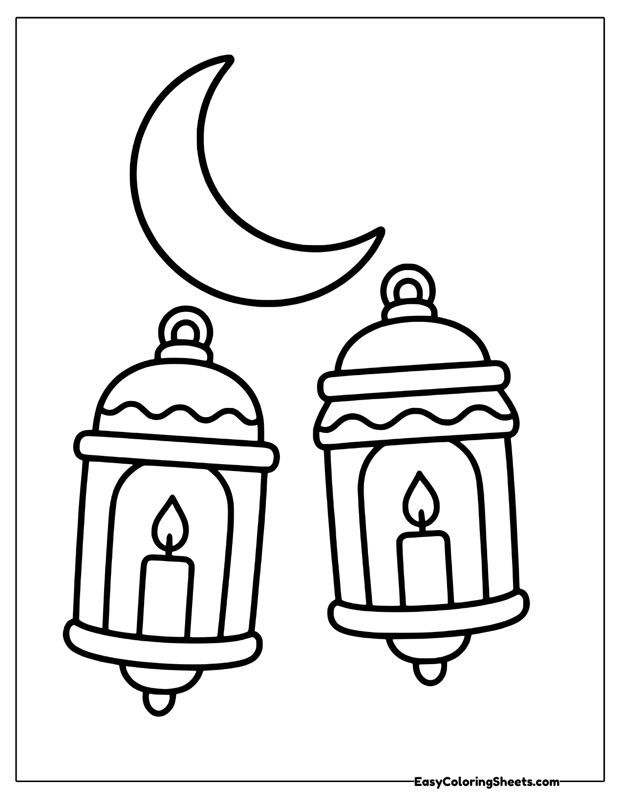 Two candle lanterns hanging side by side under a crescent moon