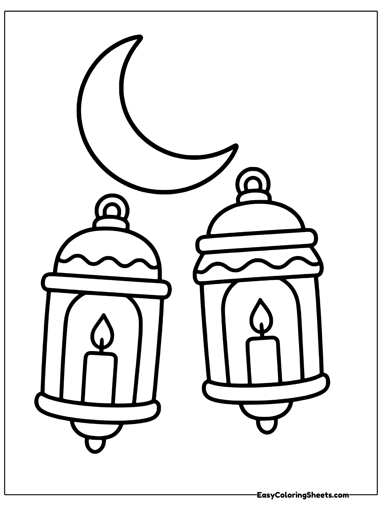 Two tall lanterns with wavy trim and glowing candles inside hang side by side beneath a large crescent moon.