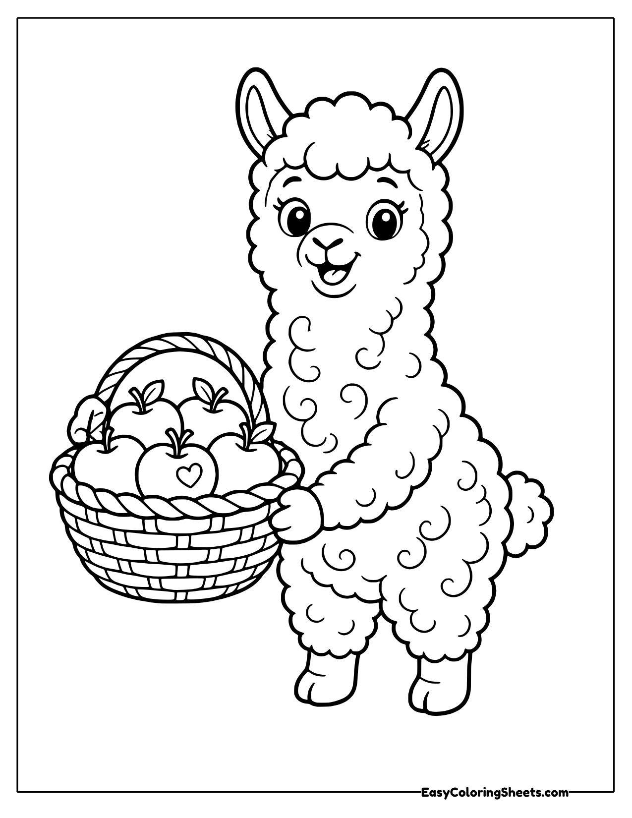 Alpaca holding a woven basket full of apples