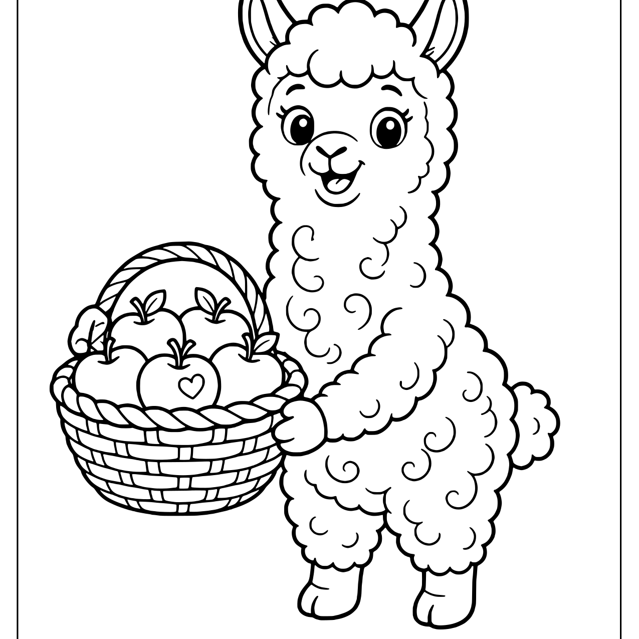 Alpaca holding a woven basket full of apples