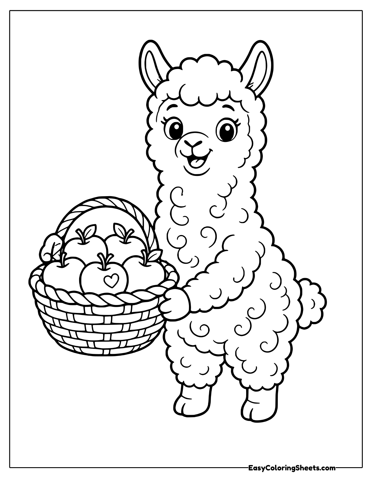 Alpaca holding a woven basket full of apples