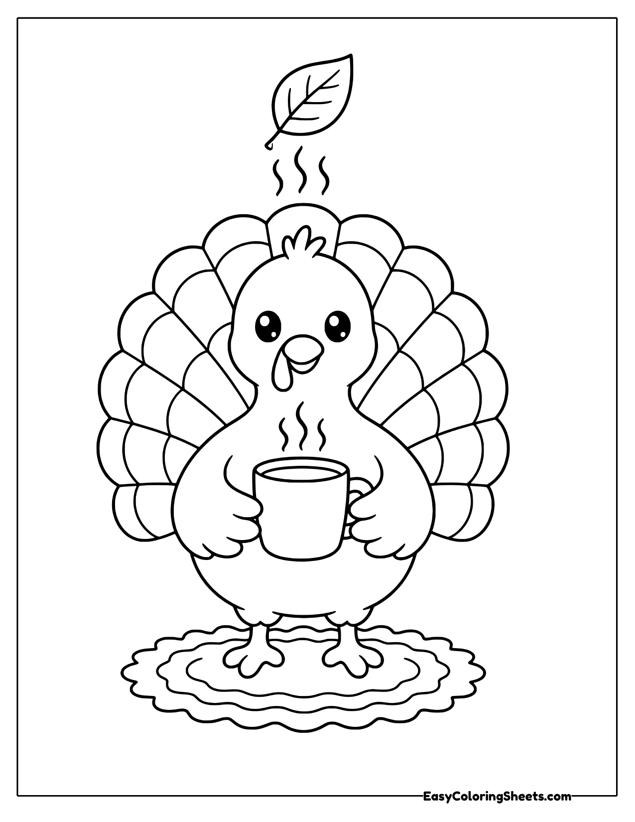 Turkey holding a steaming mug of cocoa in front of its tail fan