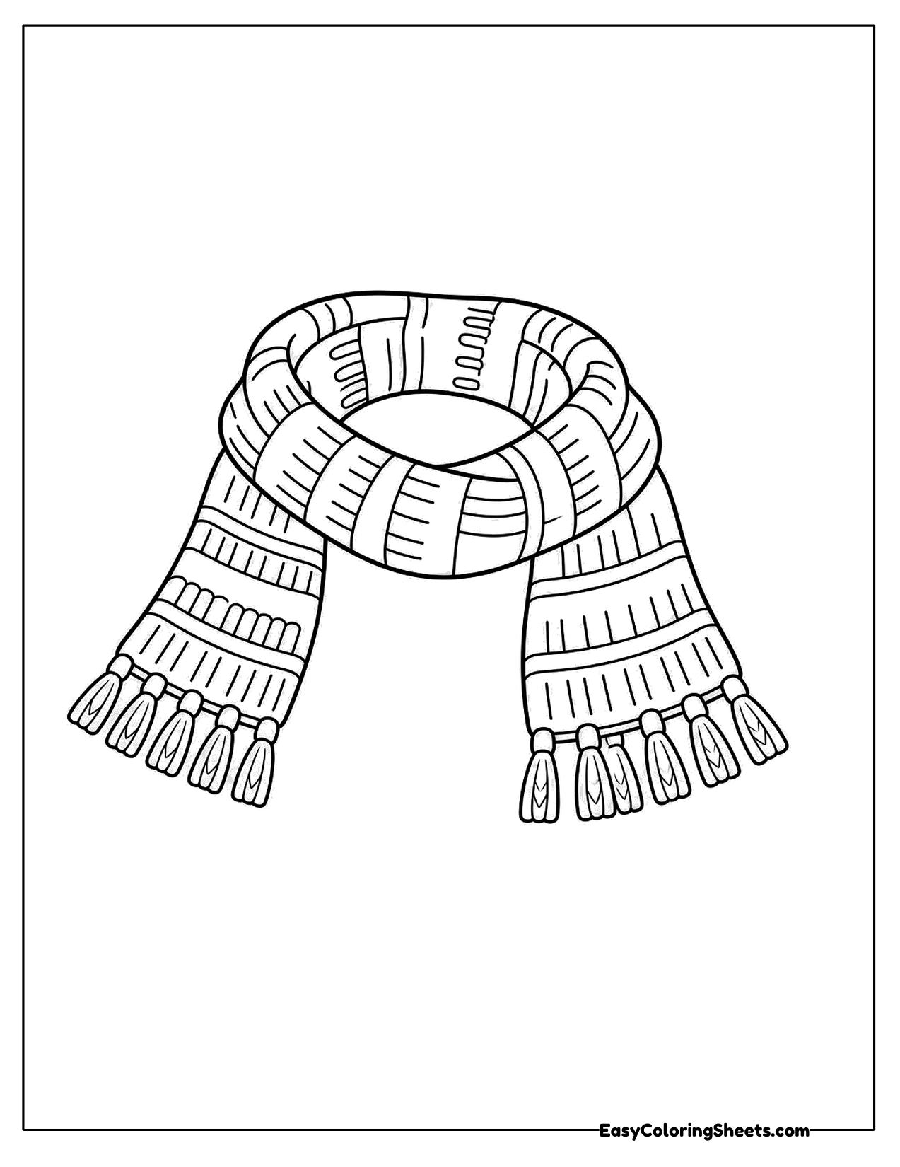 Knitted scarf with ribbed bands and fringed tails
