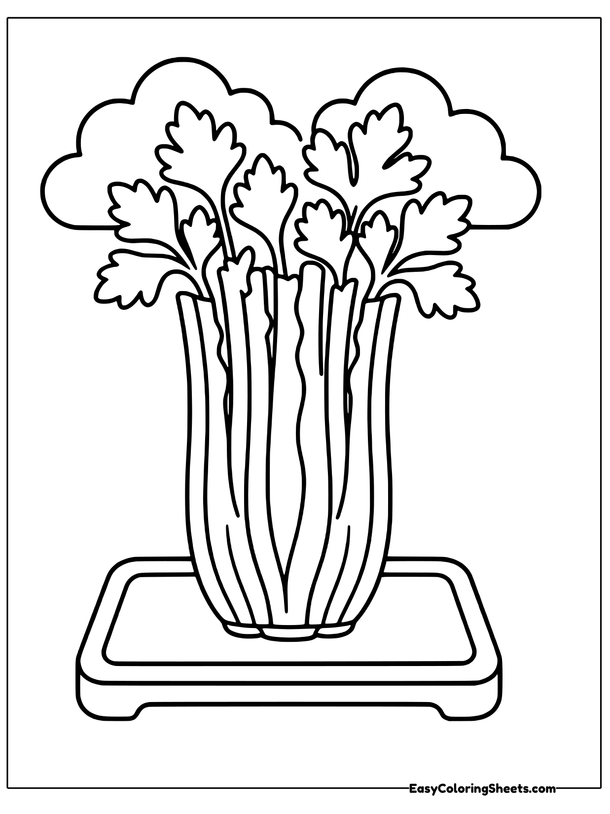 Thick celery sticks stand upright in a bundle on a square tray with full leafy tops above them.