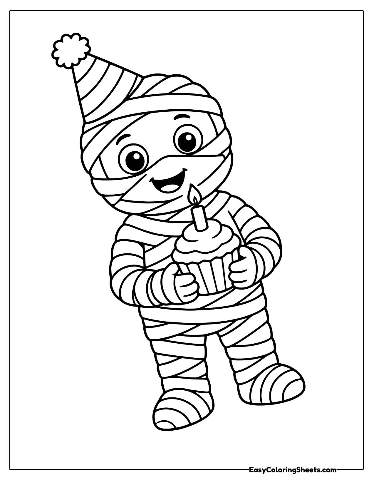 Mummy in a party hat holding a cupcake