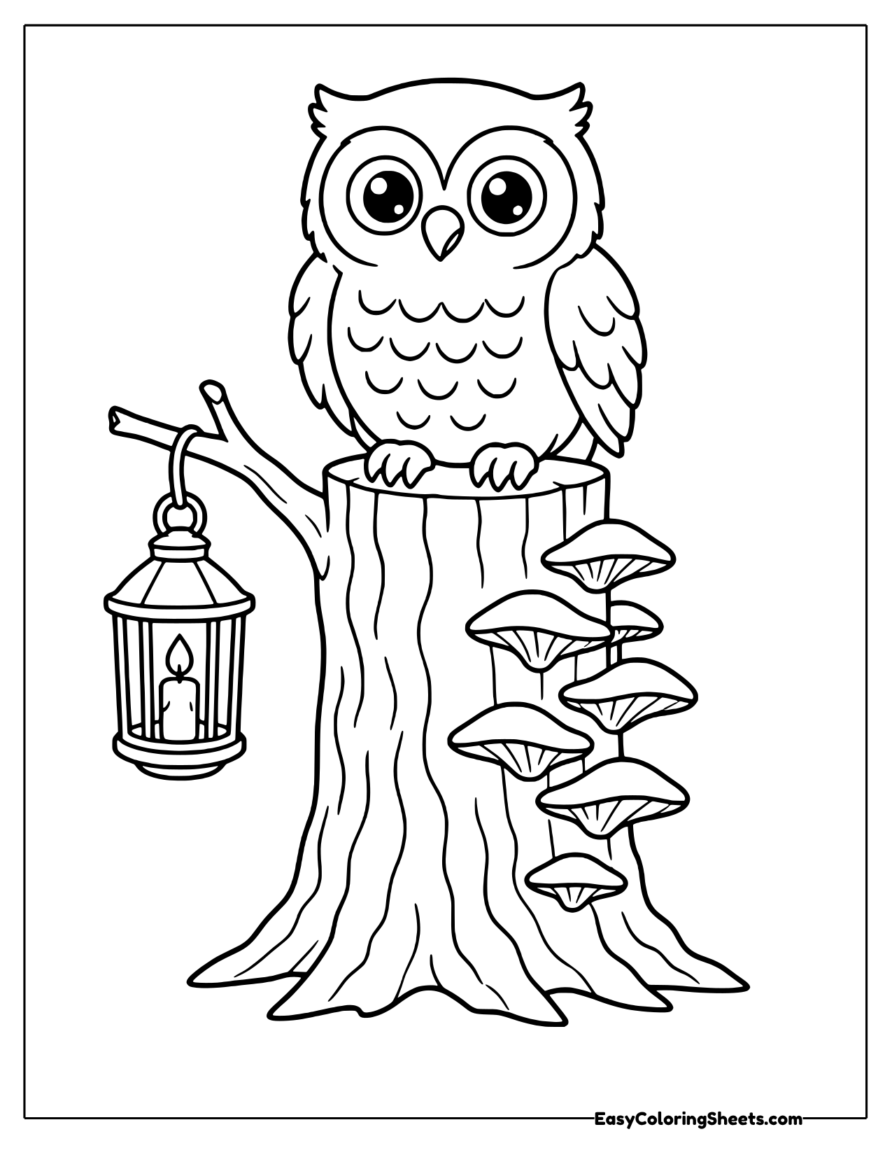 Owl sitting on a stump with shelf mushrooms and a lantern