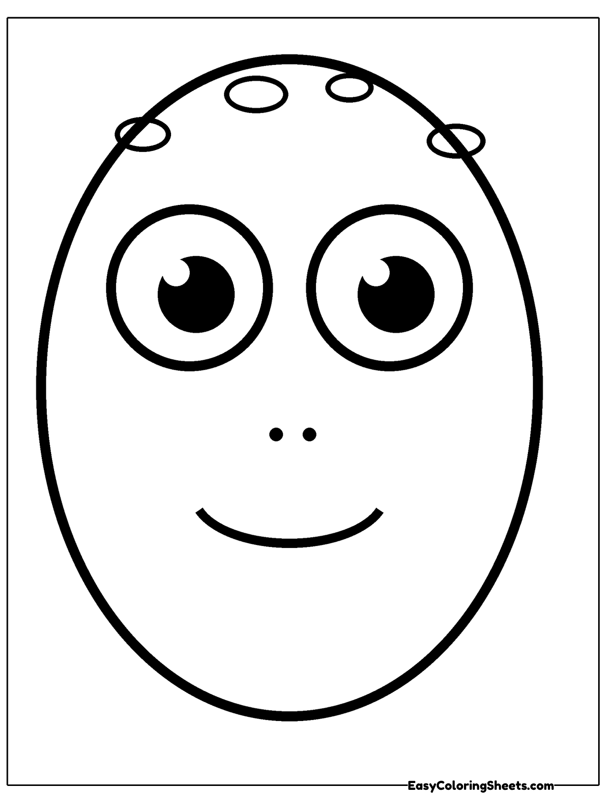 A large egg-shaped face fills the page with two big round eyes, two dot nostrils, a curved smile and bumps along the top.