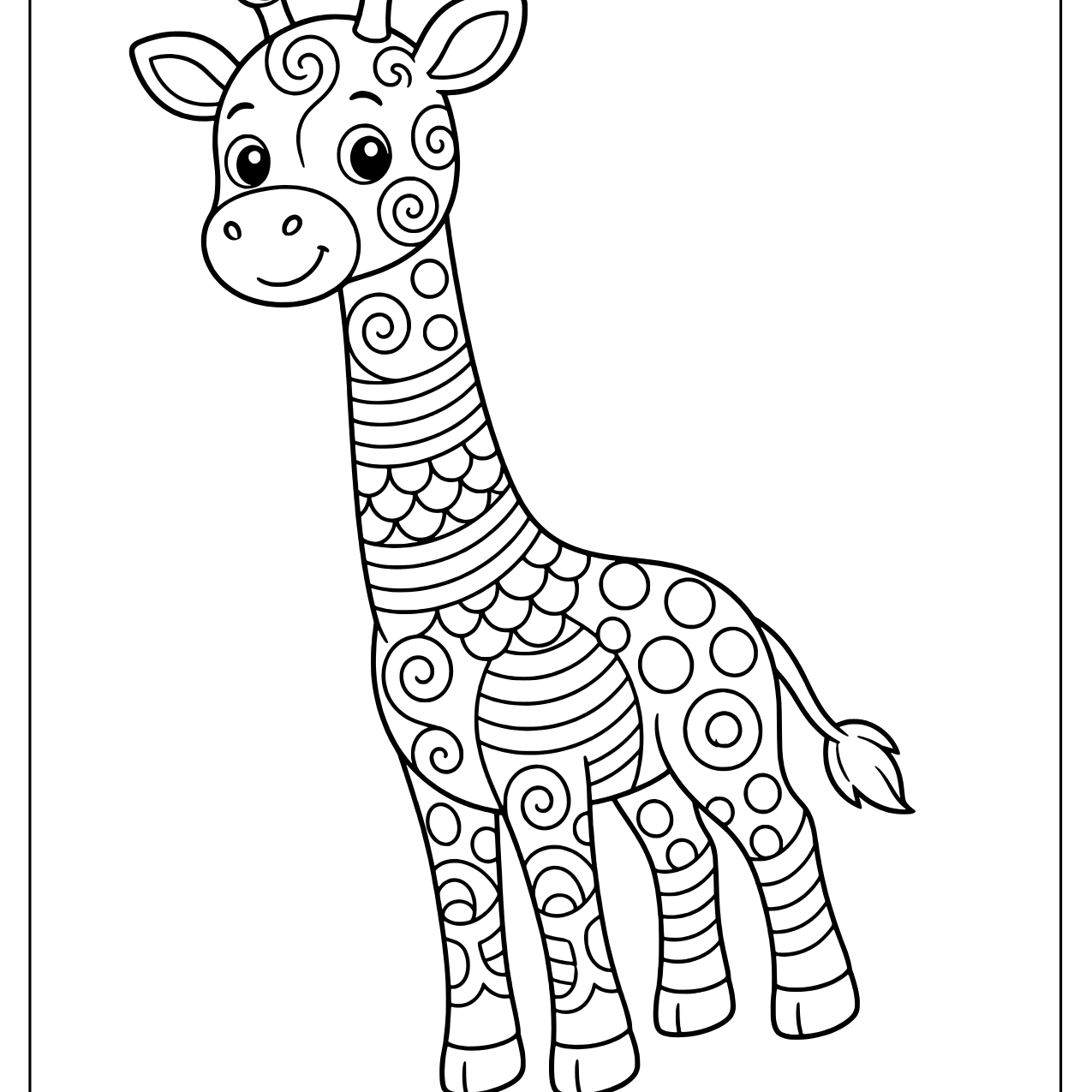 Standing giraffe filled with zentangle swirls, circles and stripes