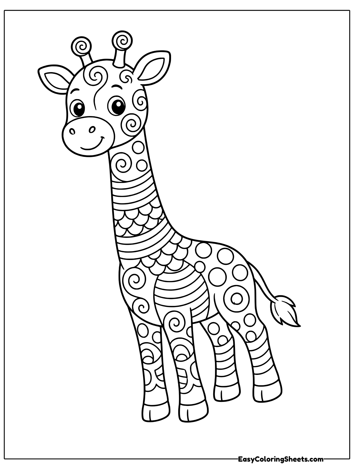 A friendly giraffe stands tall, with its long neck and body filled with zentangle swirls, circles.