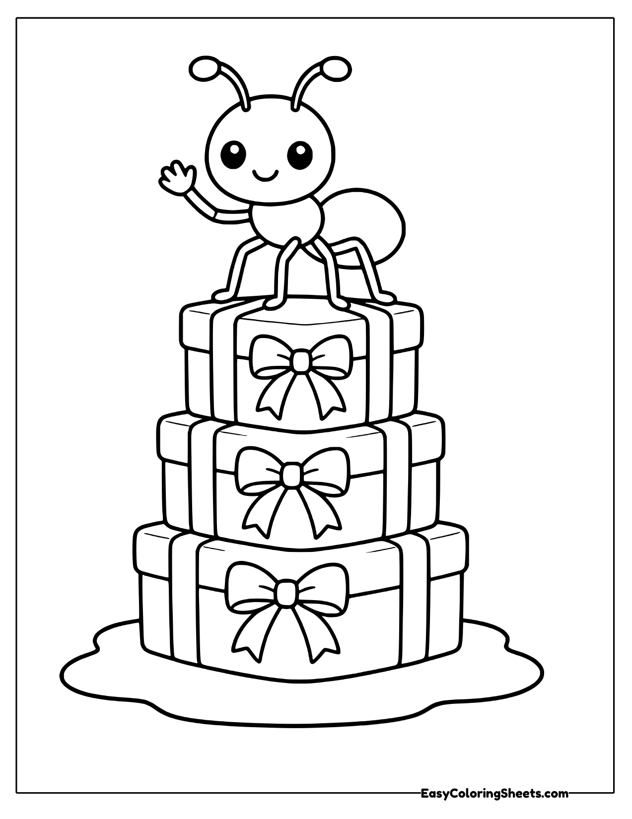 Ant waving from the top of a stack of presents