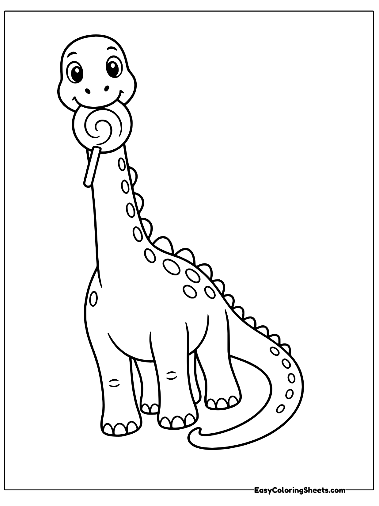 A cheerful brachiosaurus holds a swirl lollipop in its mouth, standing on four legs with a spotted tail curling behind.