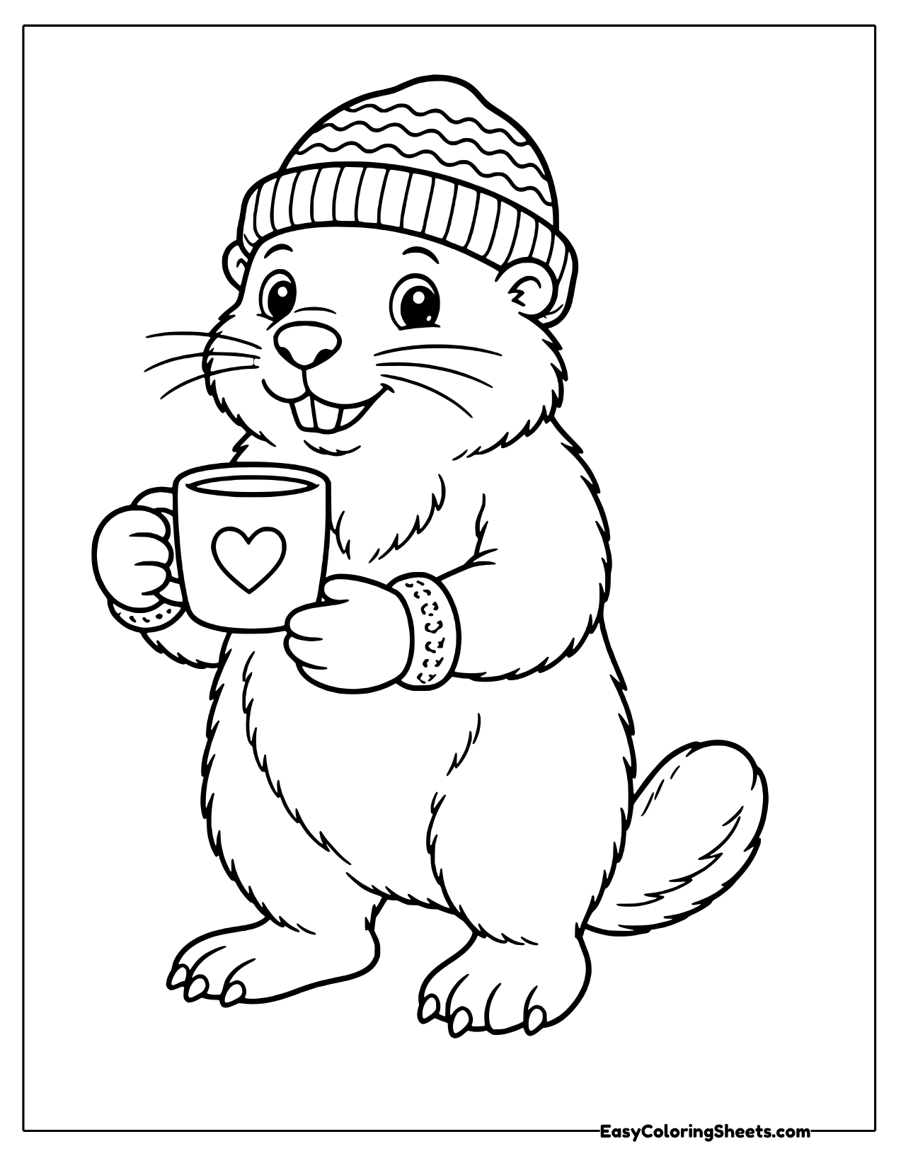 Groundhog in a striped knit hat holding a mug with a heart on it