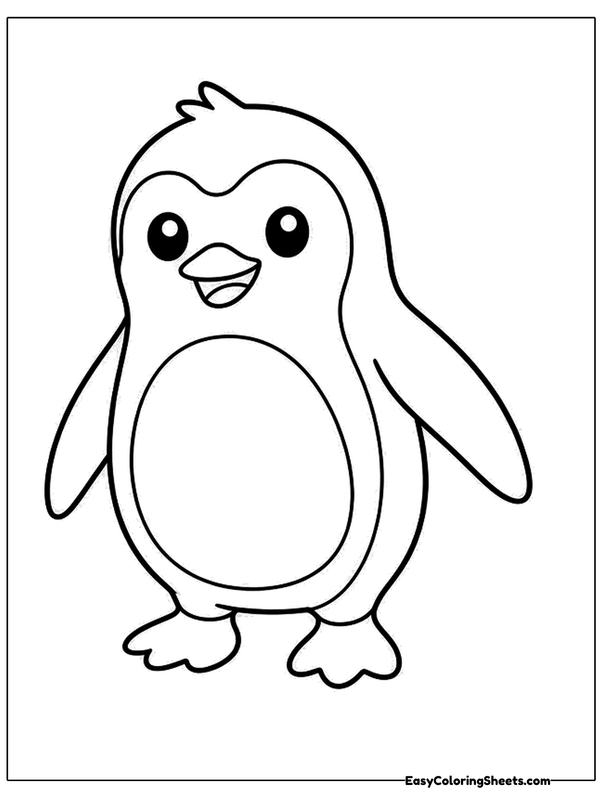 A tall cartoon penguin stands with flippers held out from its sides, a big white belly and wide orange feet.