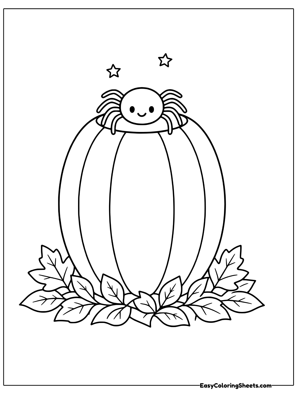 A little spider sits on top of a tall ribbed pumpkin surrounded by a pile of autumn leaves.