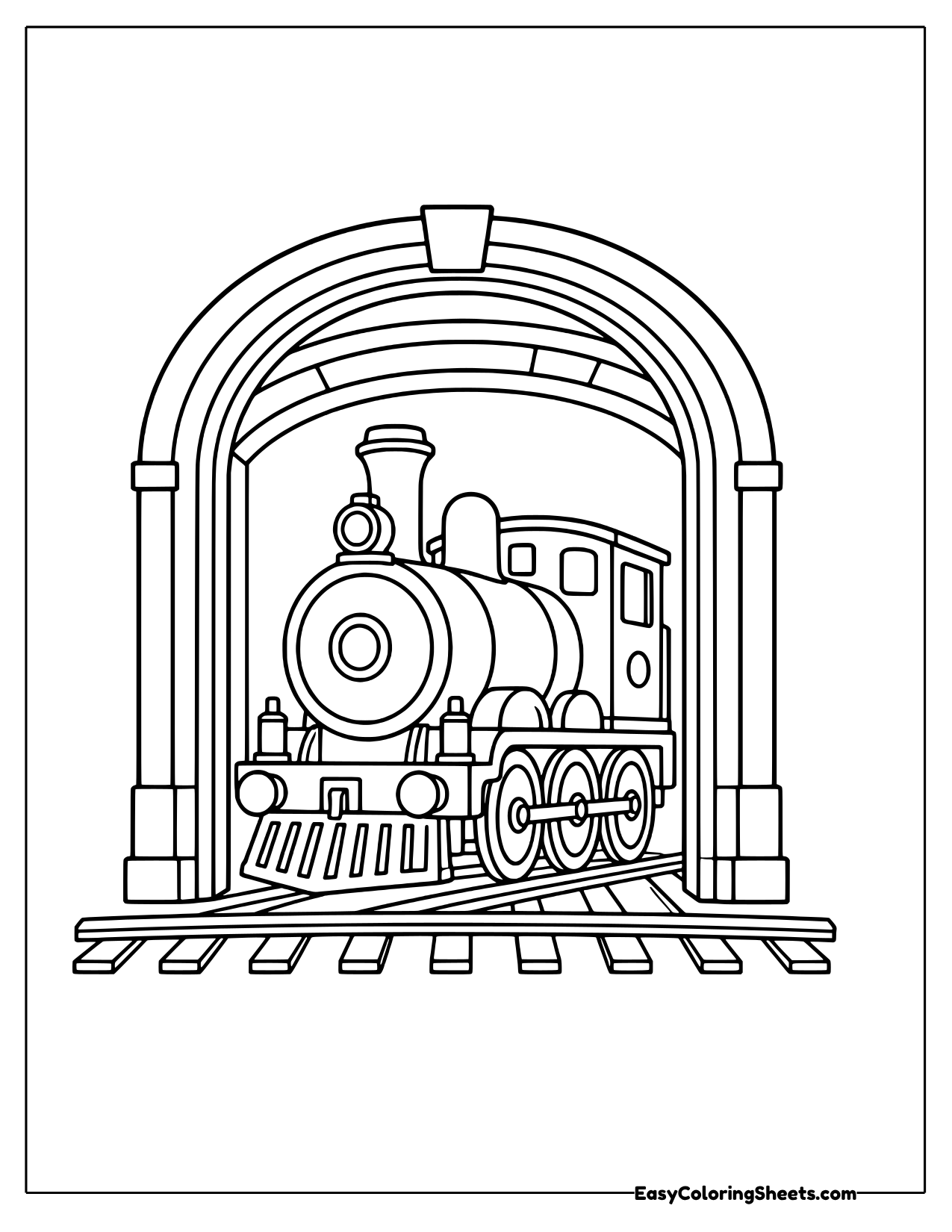 Steam engine pulling out of a roundhouse arch