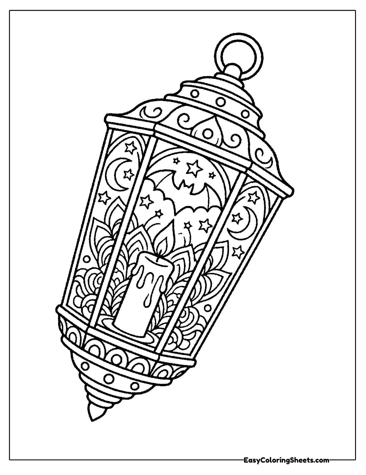 Swinging lantern with a candle inside and bats, stars and moons on the panels