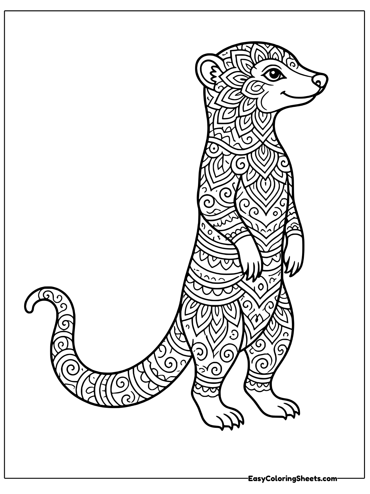 A standing mongoose is filled from head to tail with swirling decorative patterns, petals and scrolls.