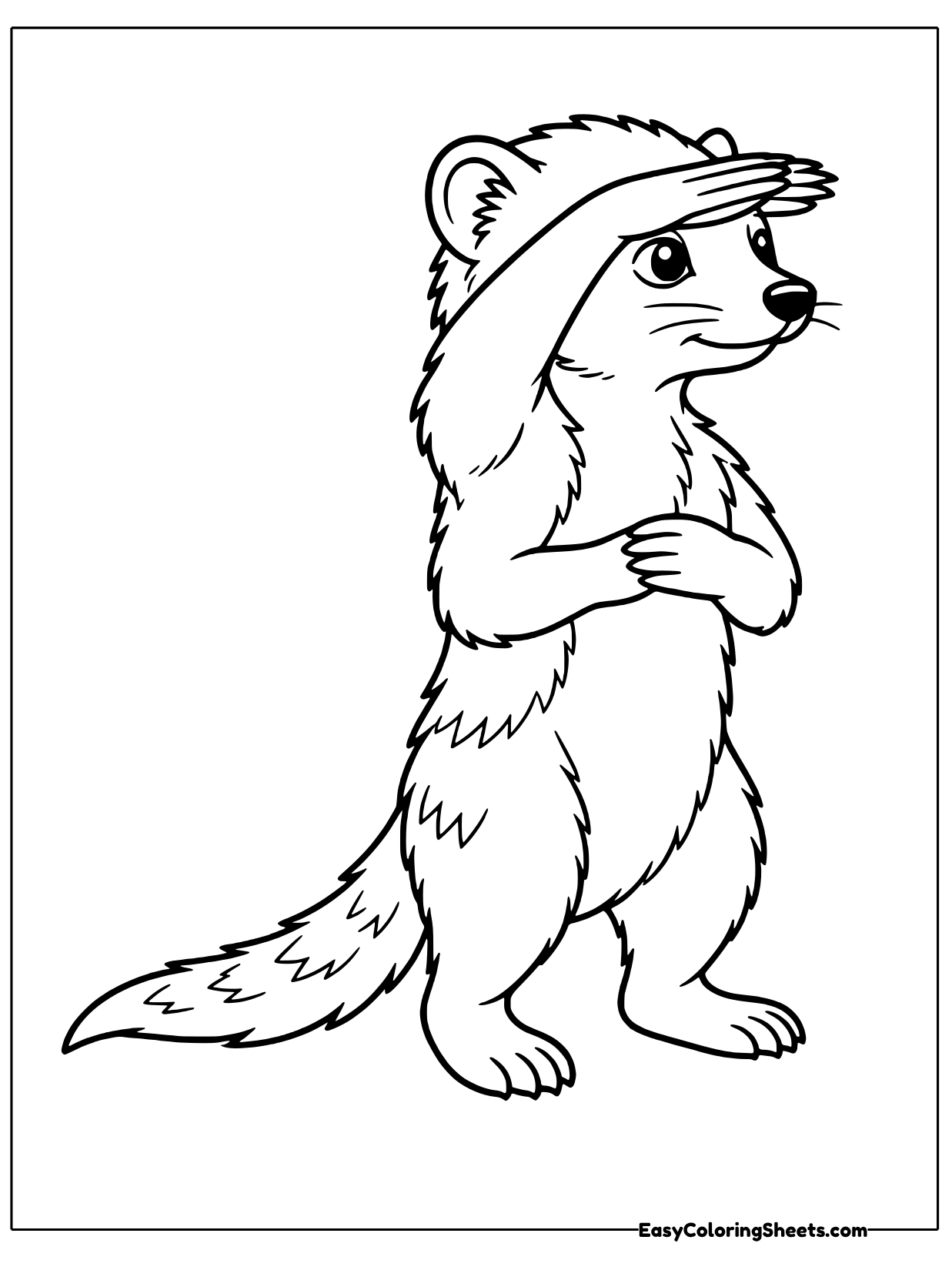 A mongoose stands tall and shades its eyes with a paw while scanning the horizon.