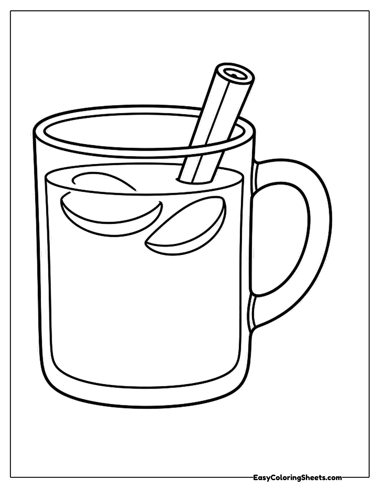 Glass mug of apple cider with apple slices and a cinnamon stick