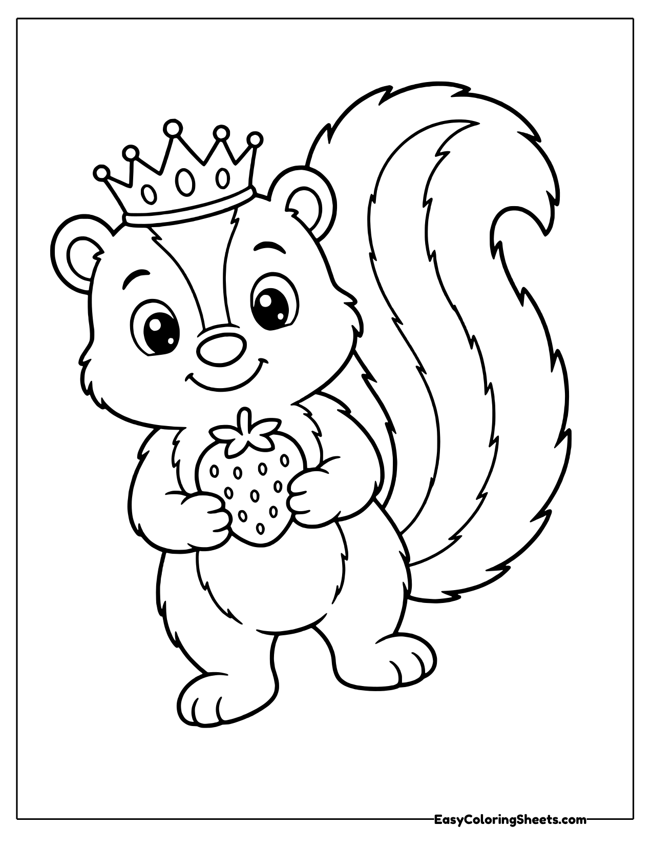 Proud little skunk in a tiny crown holding a big strawberry