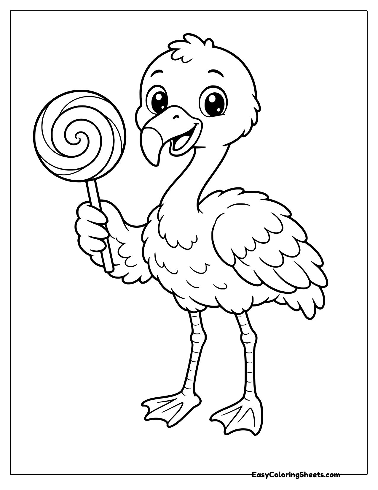 Flamingo holding a big swirl lollipop