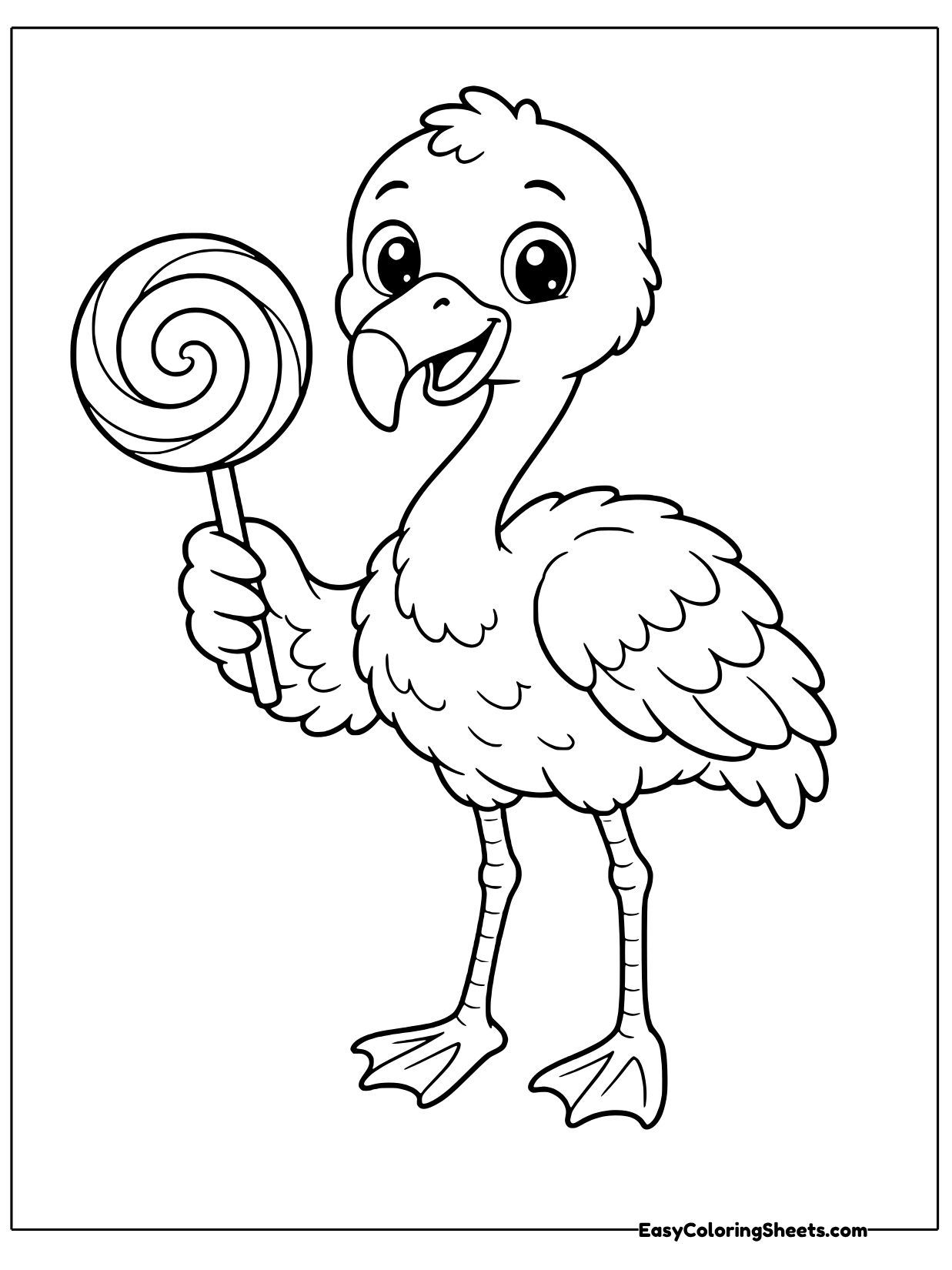 This sweet flamingo grips a round lollipop with a spiral pattern on a long stick.