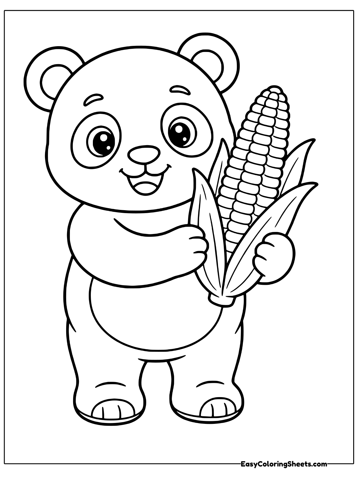 A happy panda cub with round outlined eye patches holds a tall ear of corn wrapped in leafy green husks.