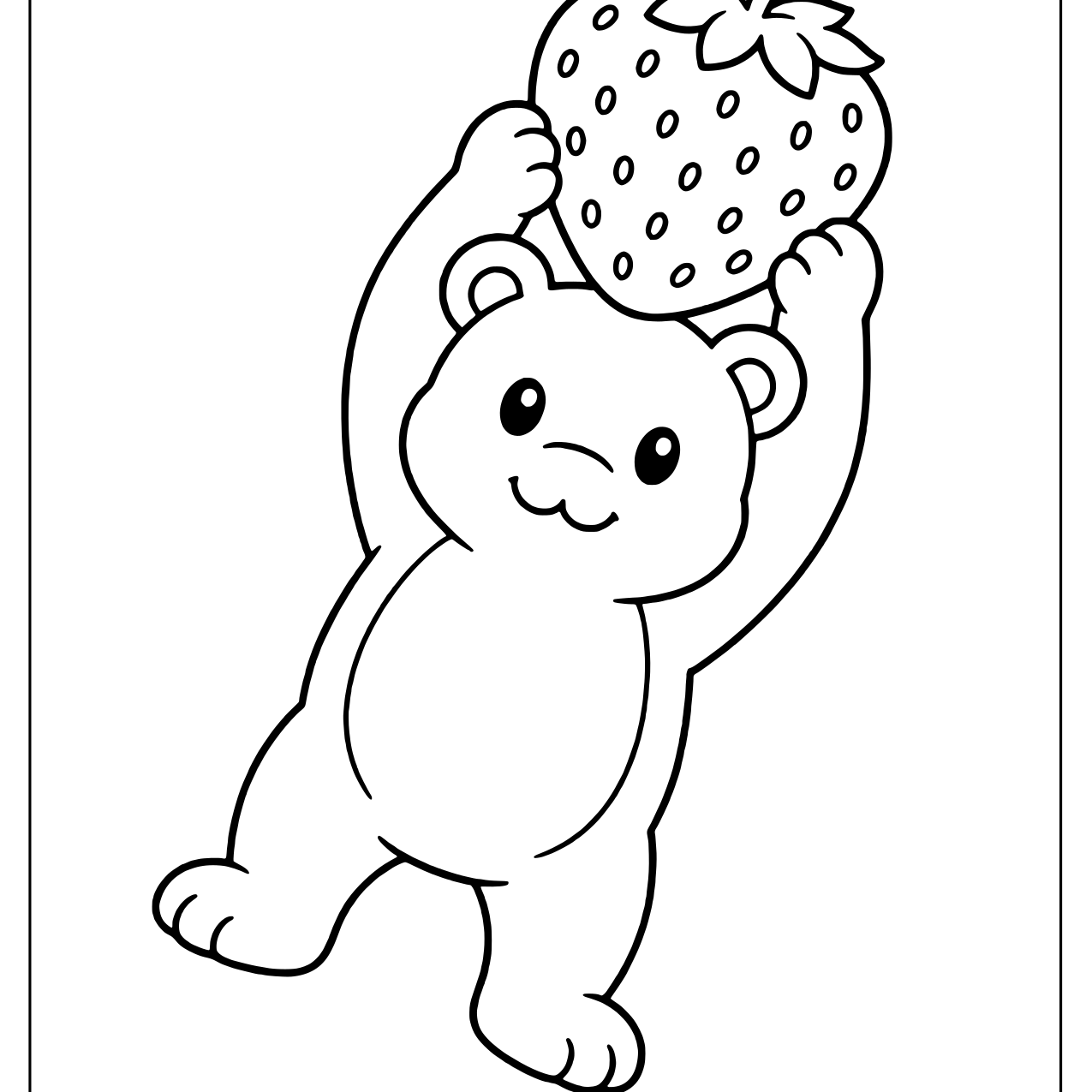 Friendly teddy bear leaning while lifting a giant strawberry
