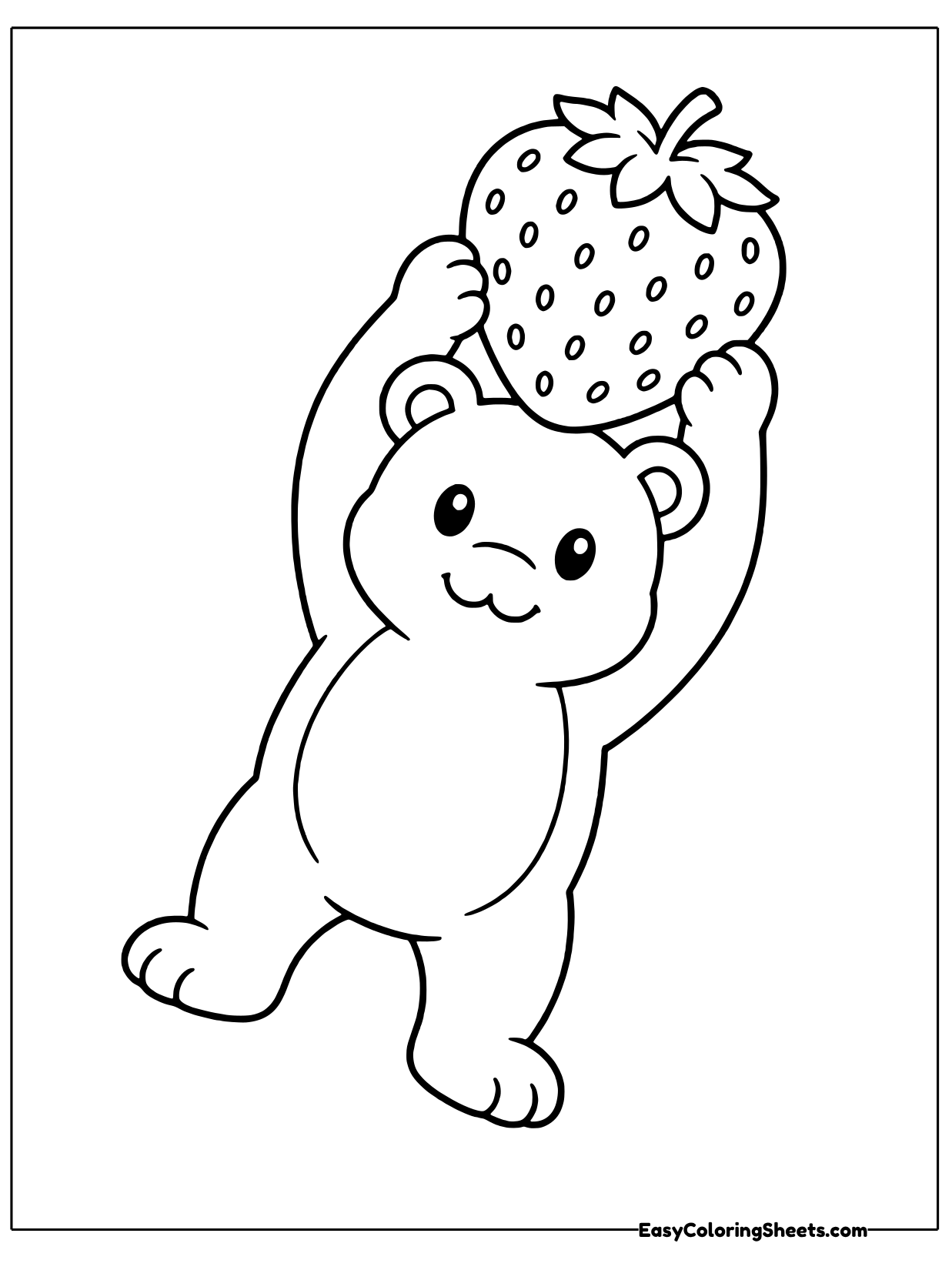 A friendly teddy bear leans to one side and lifts a giant strawberry high with both paws, ready to share a sweet snack.