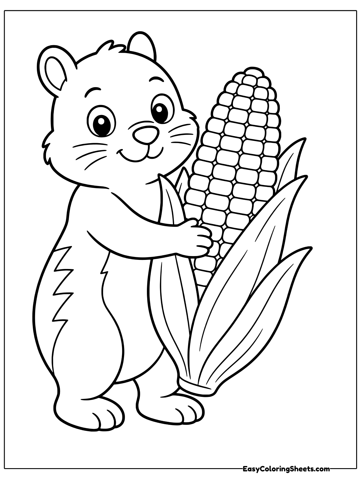 A happy chipmunk stands next to a tall ear of corn and hugs it with both paws, with long husk leaves curling around the cob.