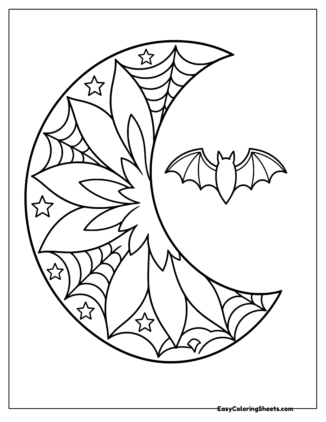 Crescent moon mandala with flower petals, spiderwebs and stars beside a flying bat