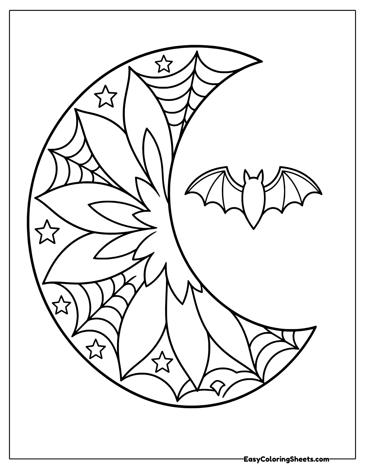 Crescent moon mandala with flower petals, spiderwebs and stars beside a flying bat