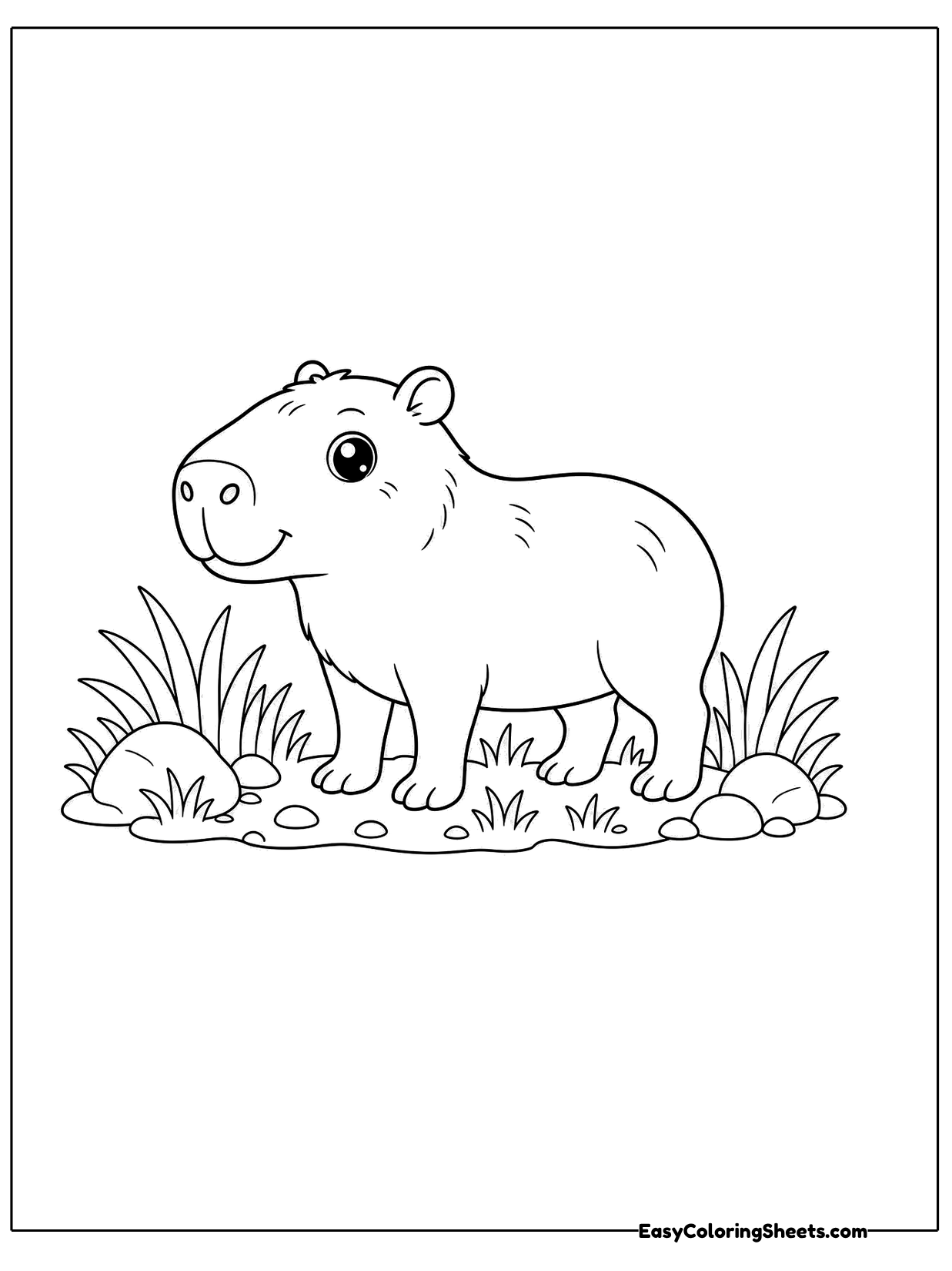 A capybara walks through a patch of tall grass and small plants, shown from the side.