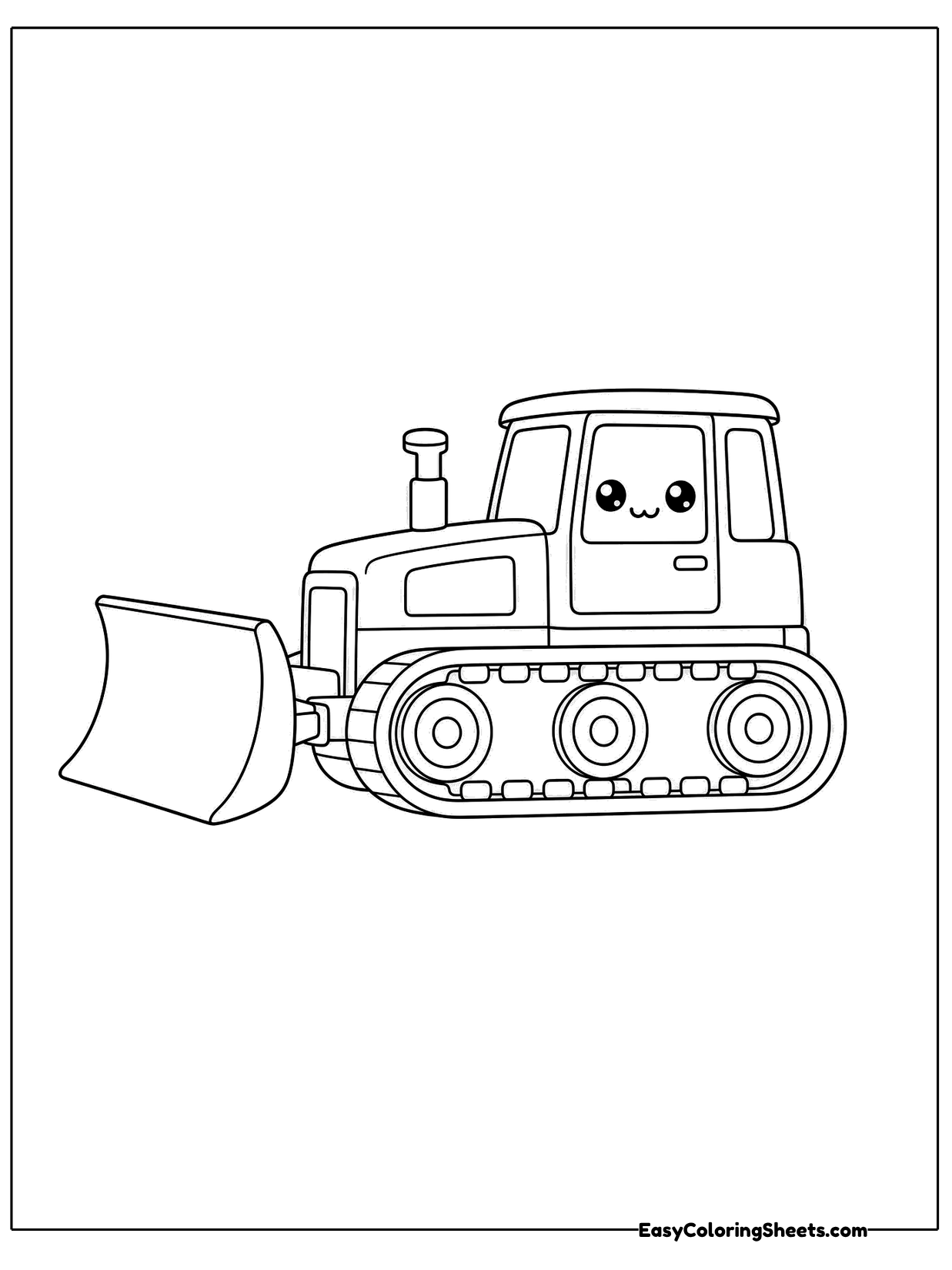 A cartoon bulldozer with a happy face on its cab pushes a wide blade forward on its crawler tracks.