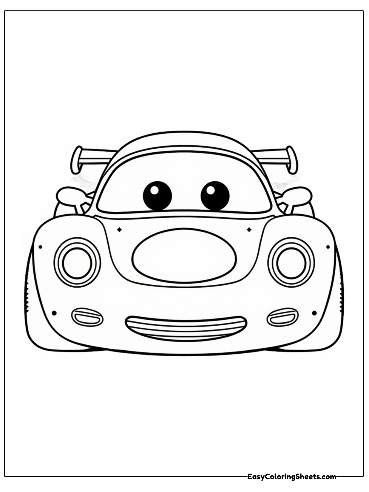 A low race car faces forward with goggle eyes, a broad grin, wide wheels and a spoiler rising behind it.