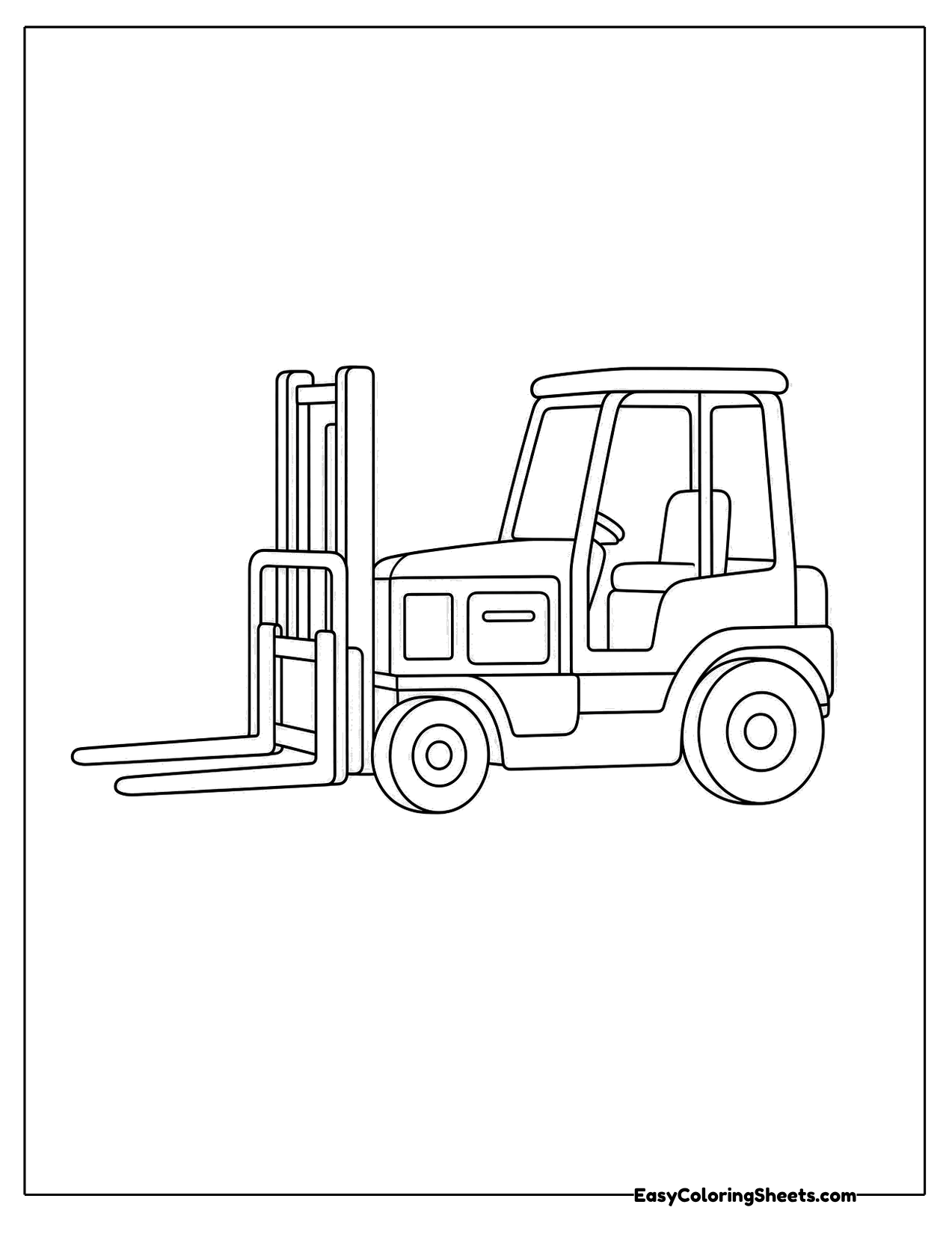 Side view of a forklift with long forks and a boxy cab