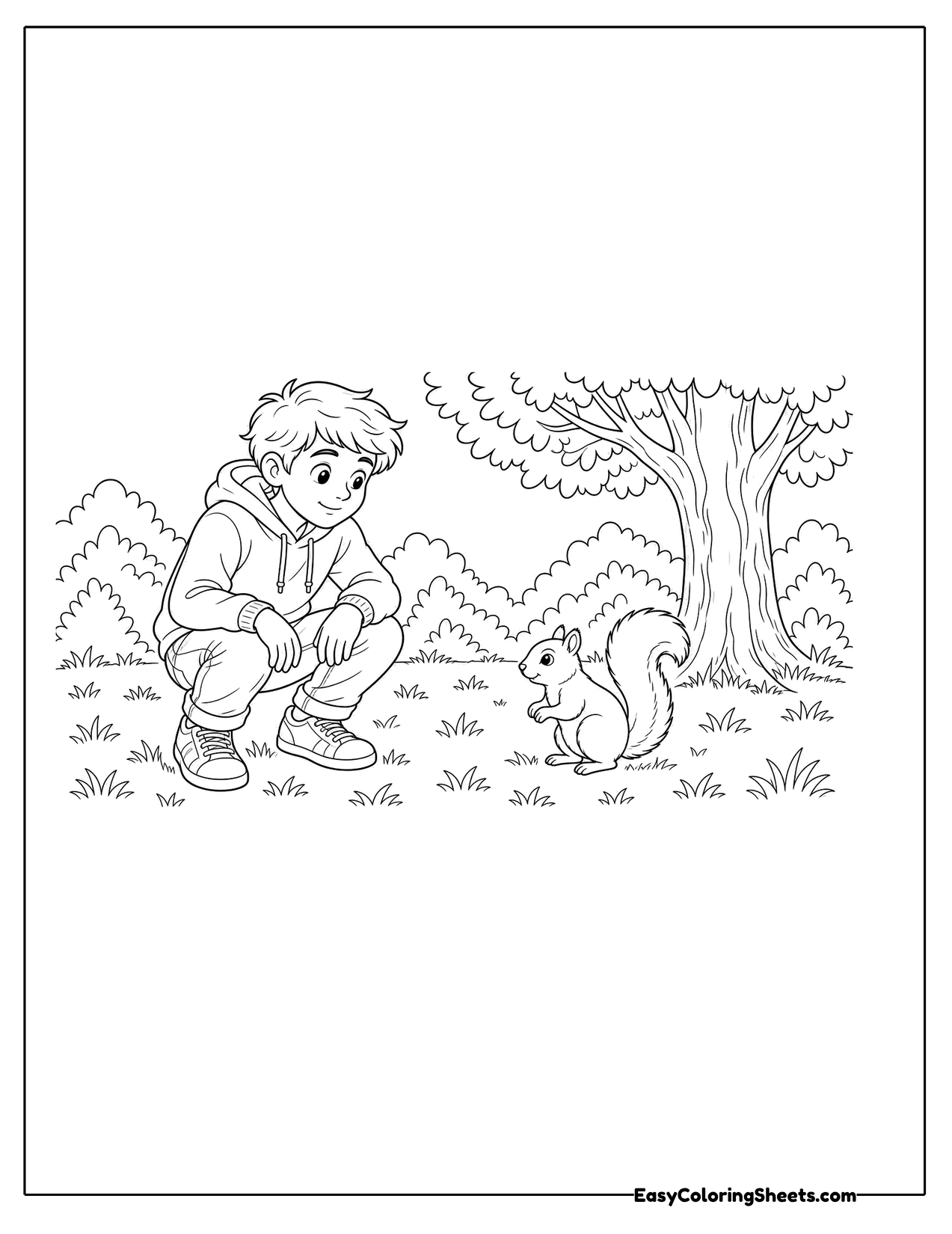 Child crouching to watch a squirrel in a park