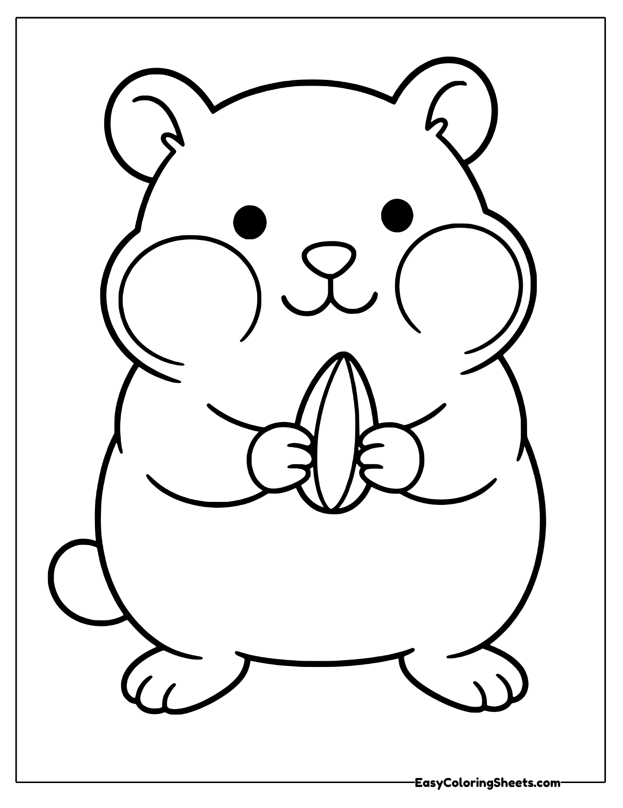 Round hamster with stuffed cheeks holding a sunflower seed