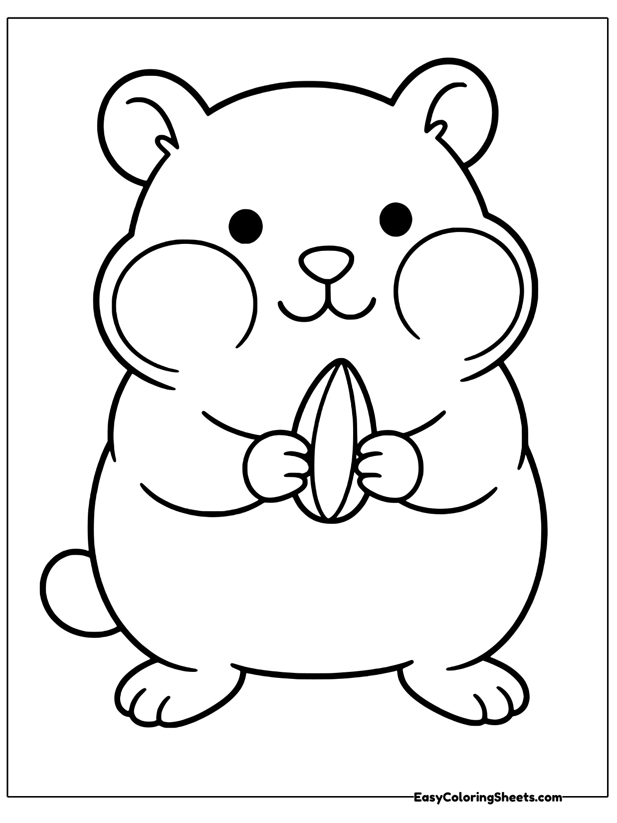 With its cheeks puffed out wide, this round hamster holds a single striped sunflower seed in front of its belly.