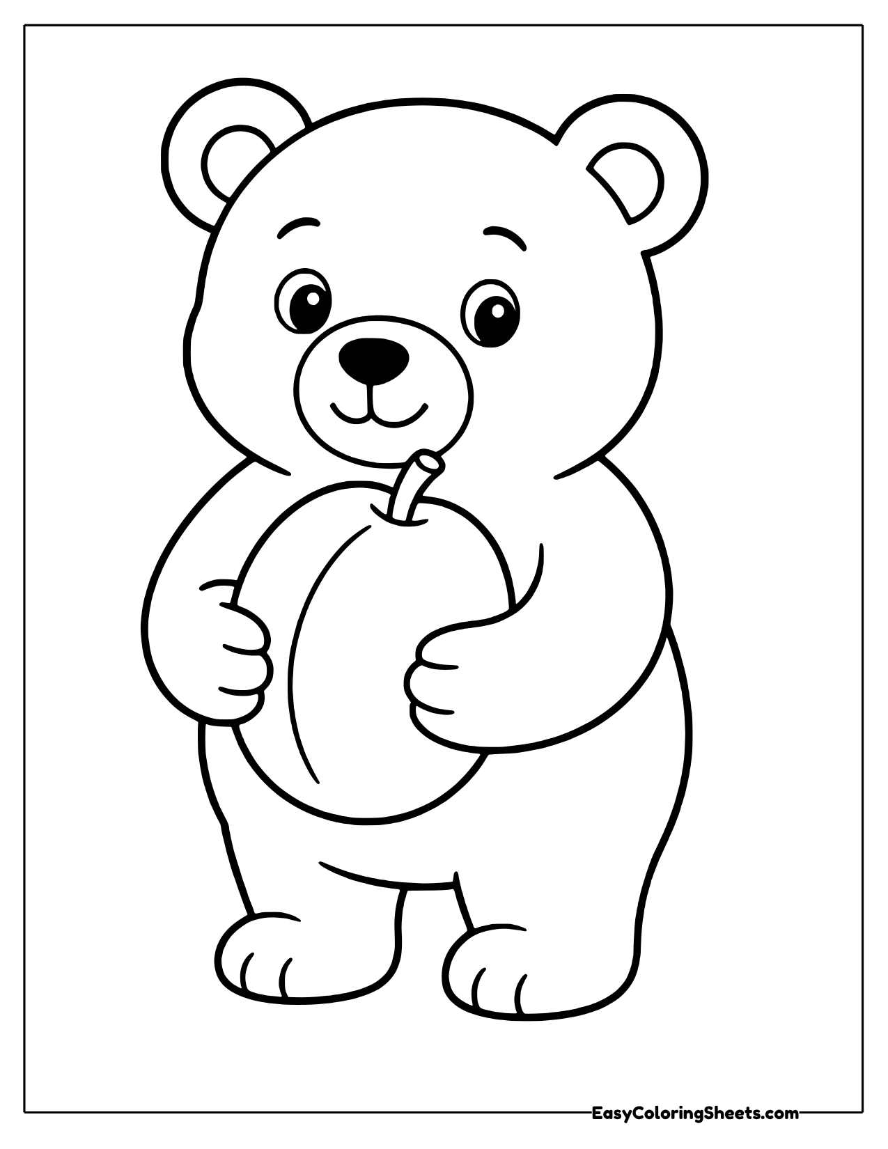 Bear cub hugging a round plum with a stem