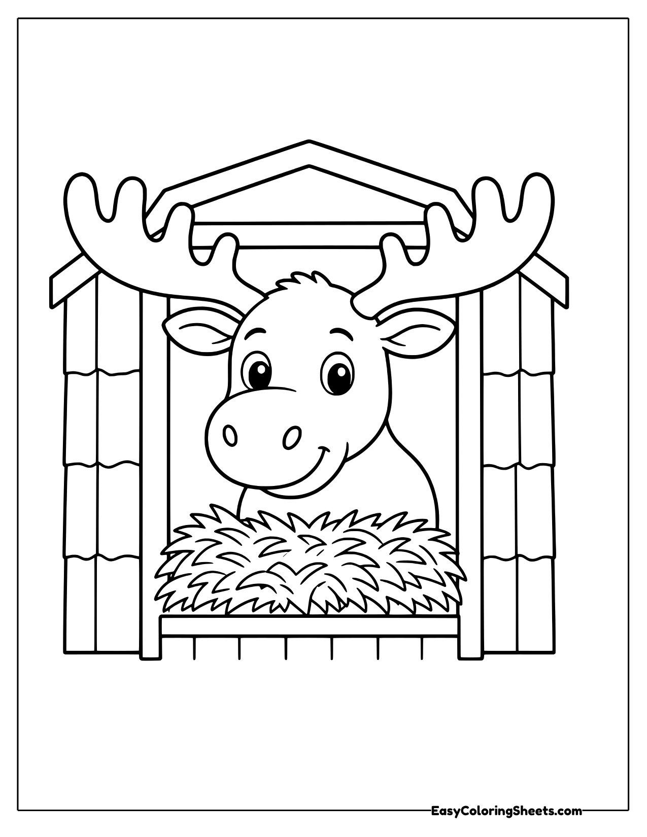 Moose peeking out from a barn loft