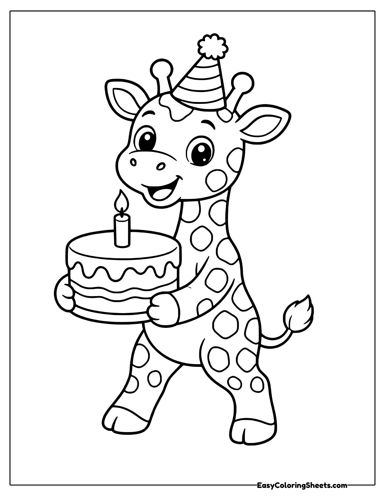 Giraffe in a party hat carrying a birthday cake with a candle