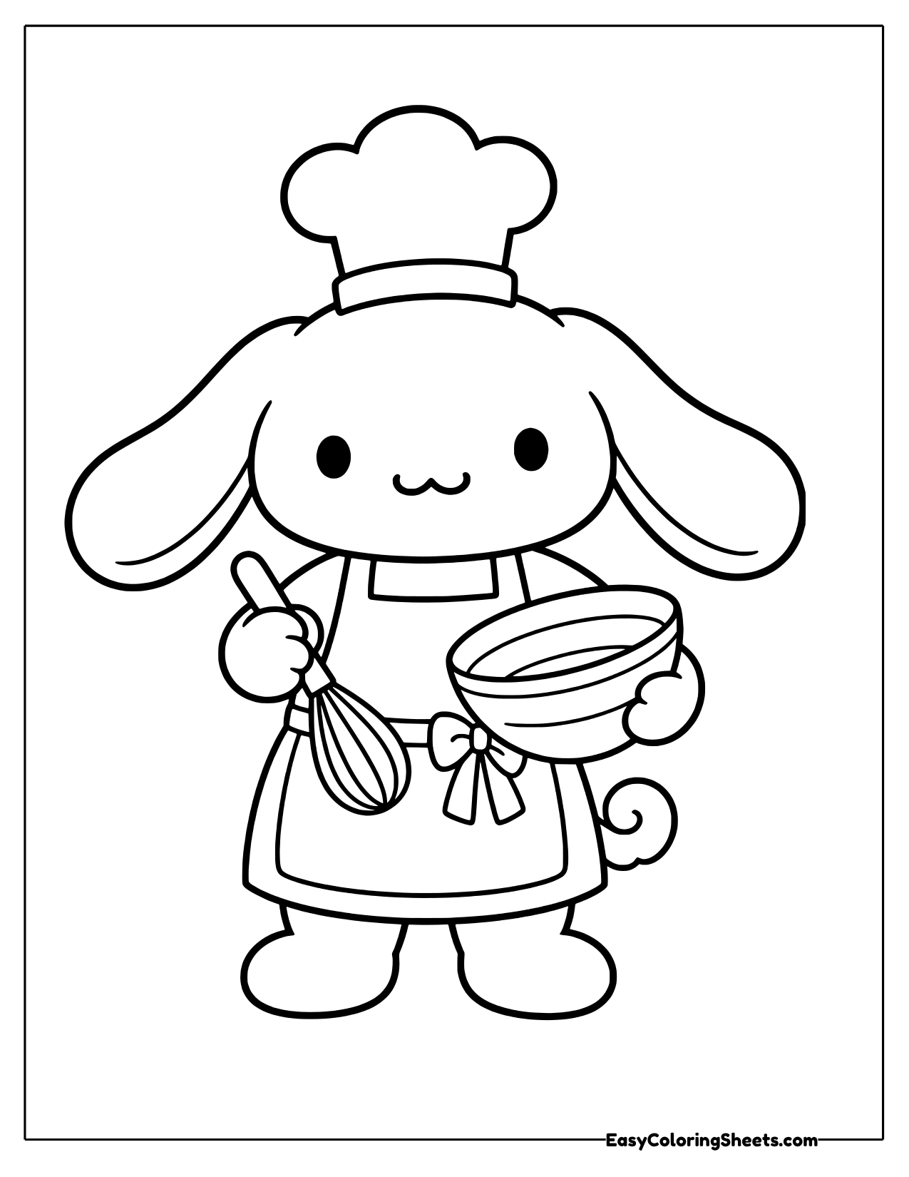 Cinnamoroll wearing a chef hat and apron holding a whisk and a mixing bowl