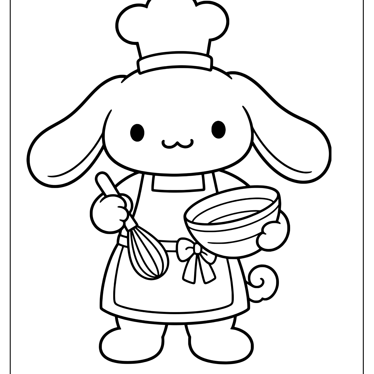 Cinnamoroll wearing a chef hat and apron holding a whisk and a mixing bowl