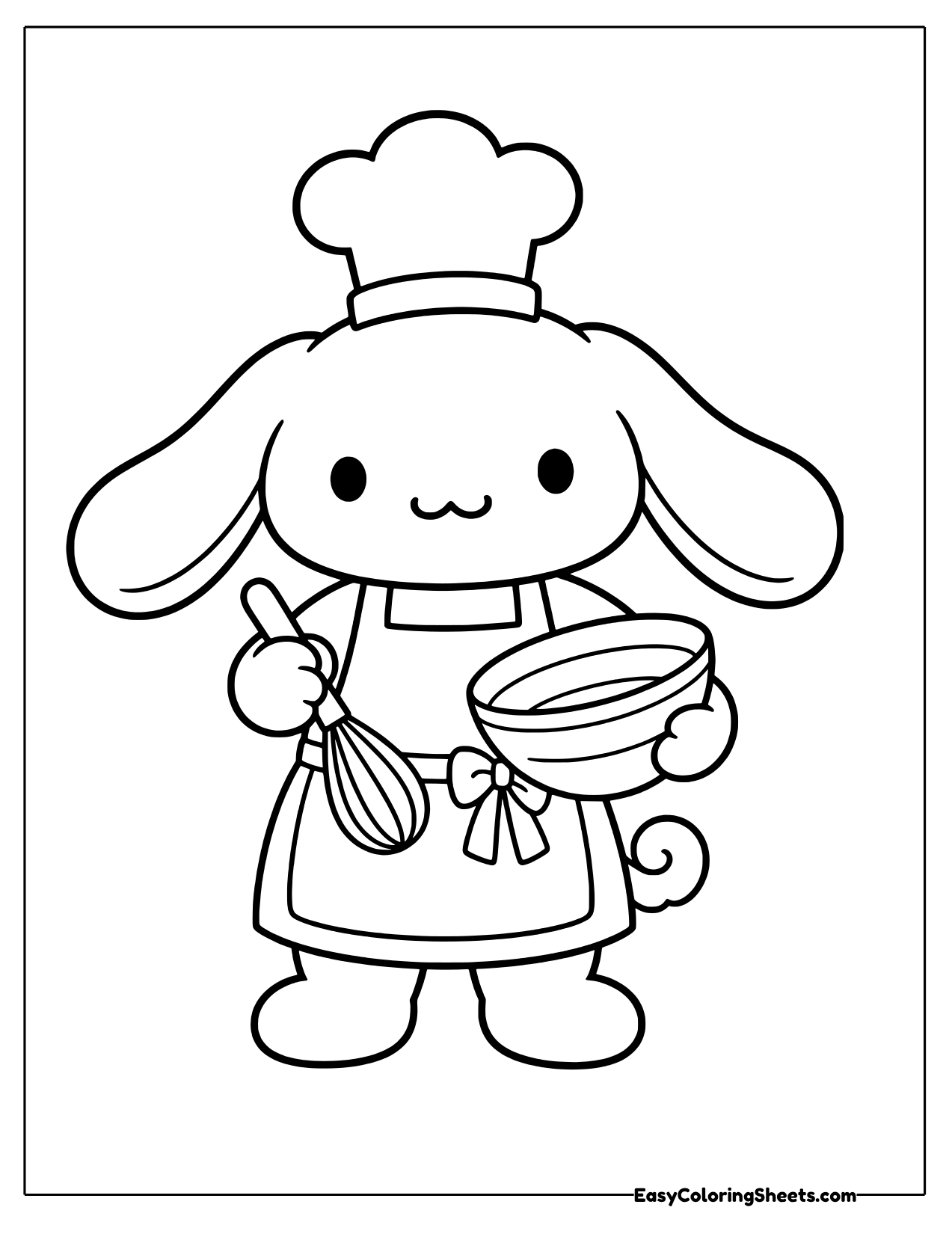 Cinnamoroll wearing a chef hat and apron holding a whisk and a mixing bowl