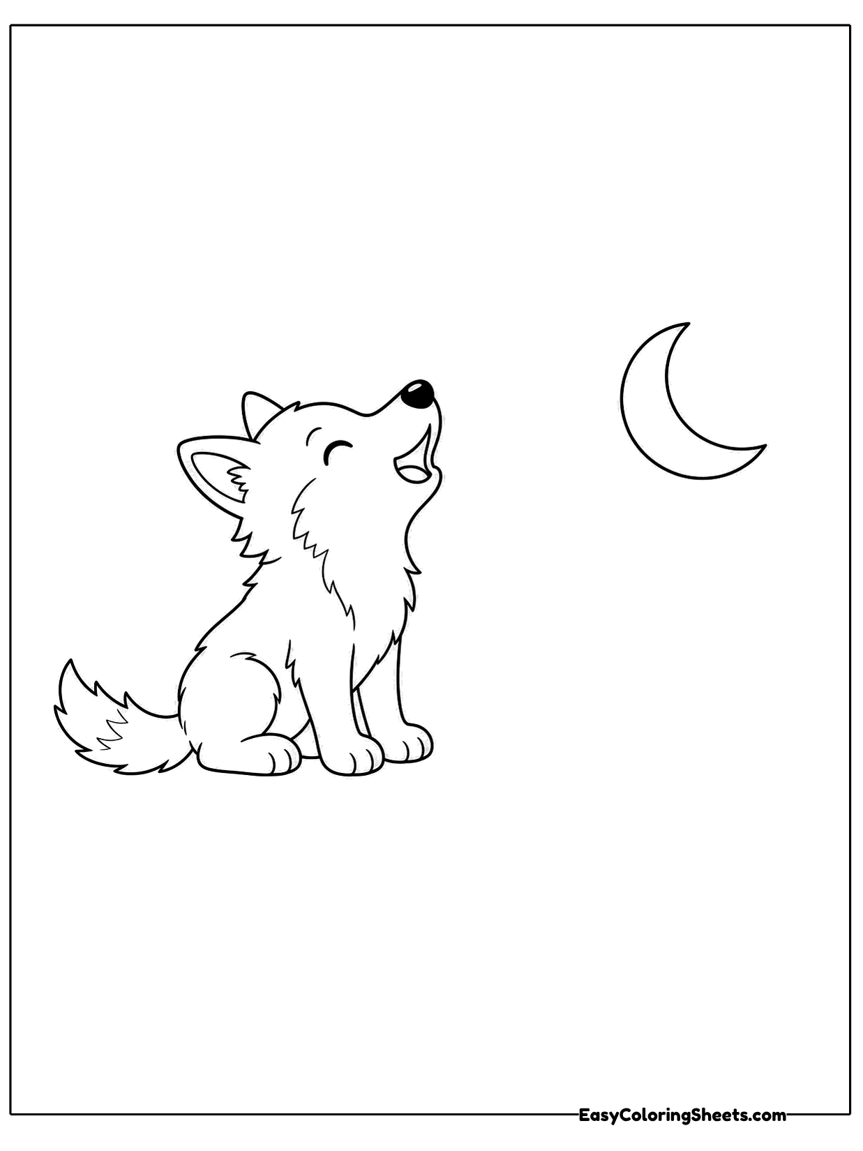 A little wolf sits and howls toward a crescent moon.