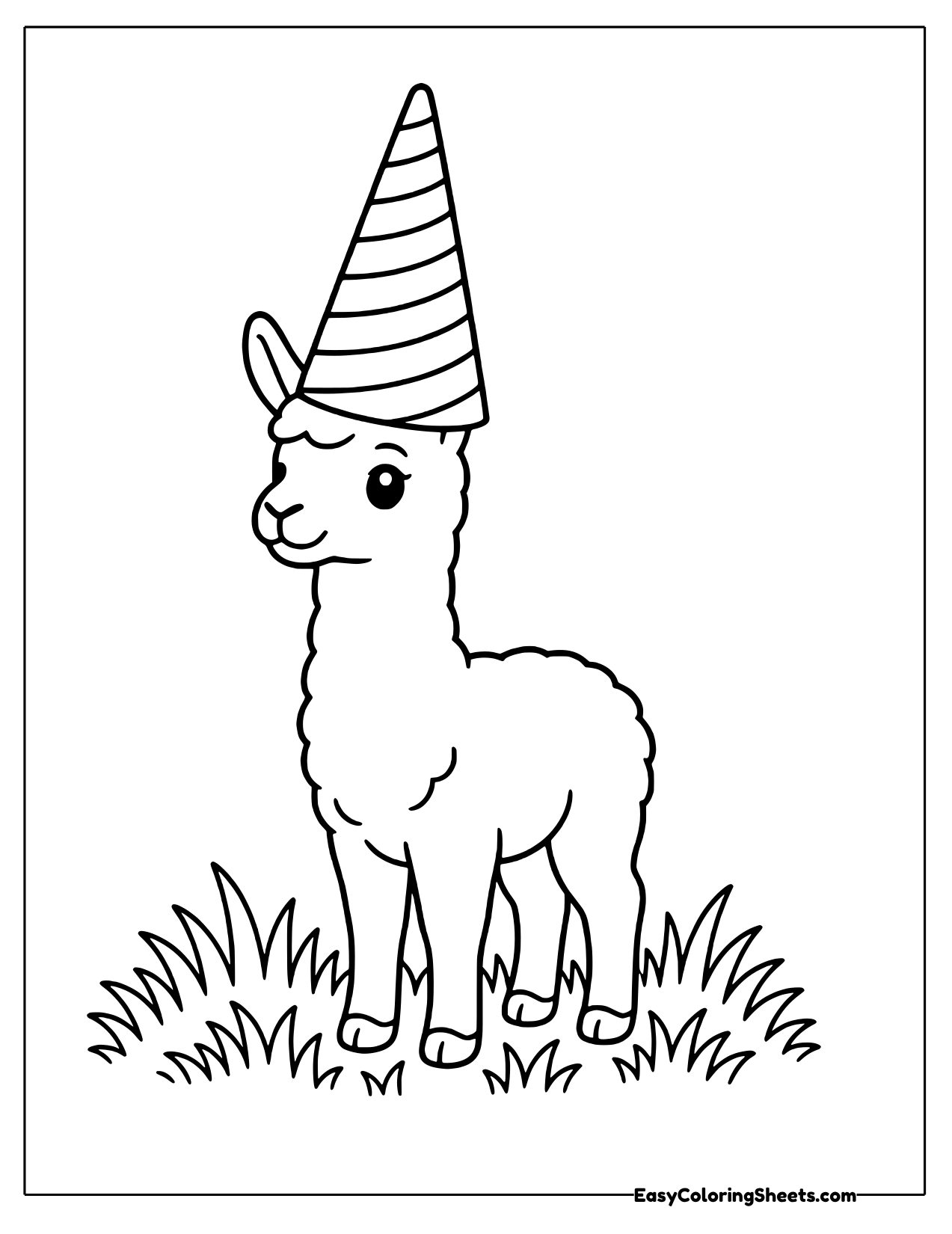 Llama in a pointed hat standing on grass