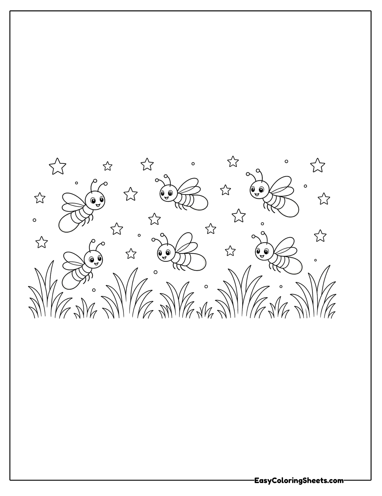 Fireflies flying over tall grass under twinkling stars