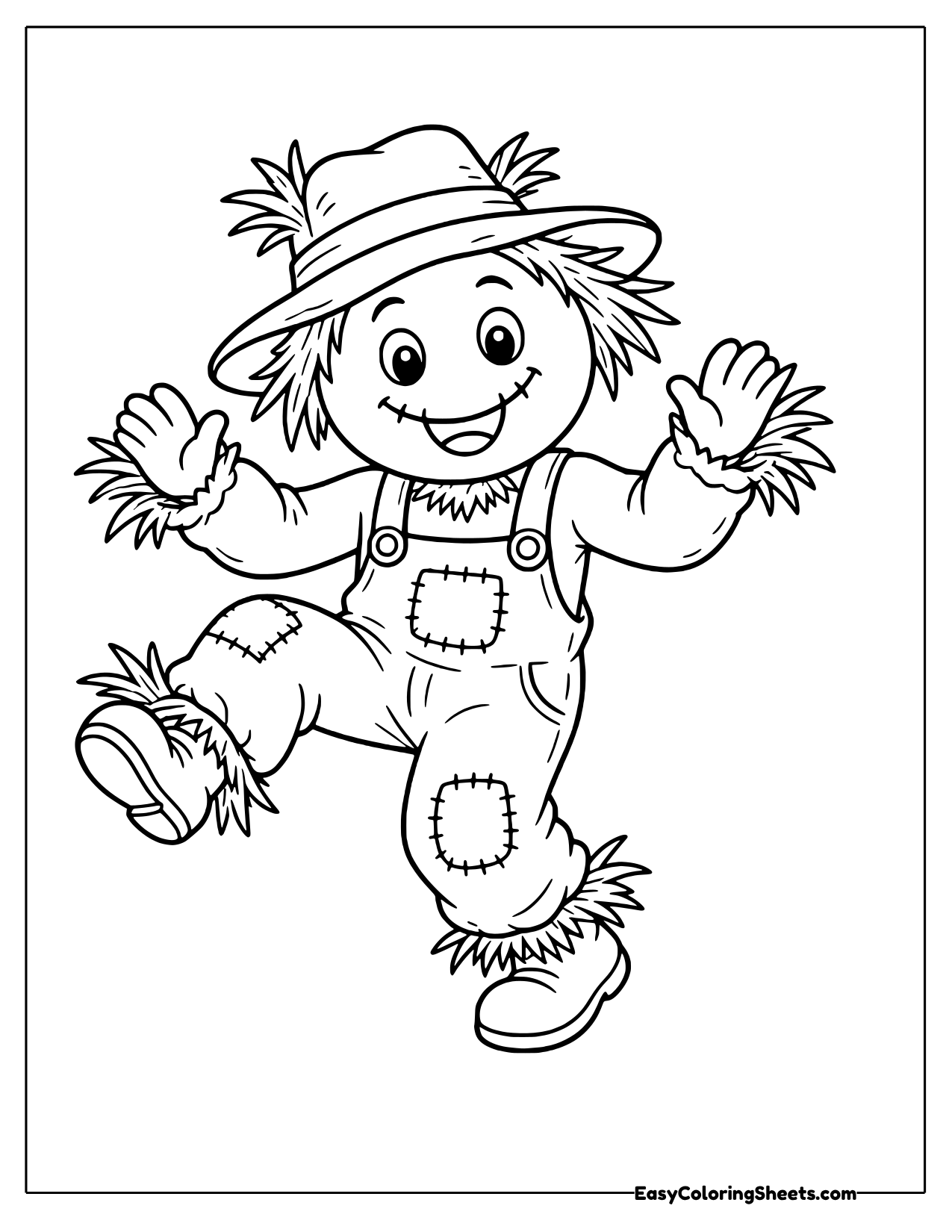 Dancing scarecrow with a straw hat and patched overalls